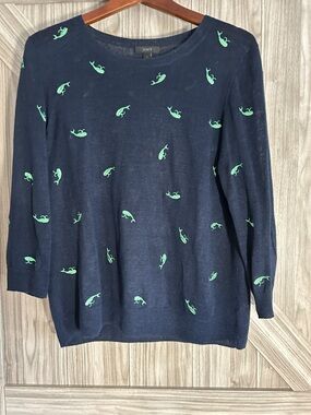 J.Crew Navy Blue Linen Tippi Sweater Green Embroidered Whale Motif Size L